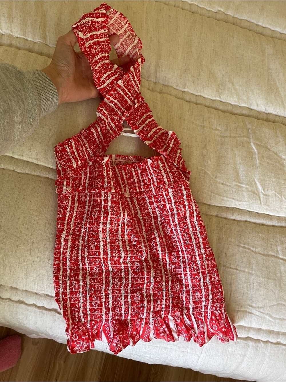 cinq a sept Red and White Smocked Halter Top